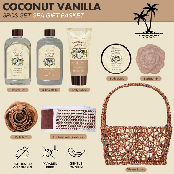 Coconut Vanilla Home Spa Gift Basket Set for Women