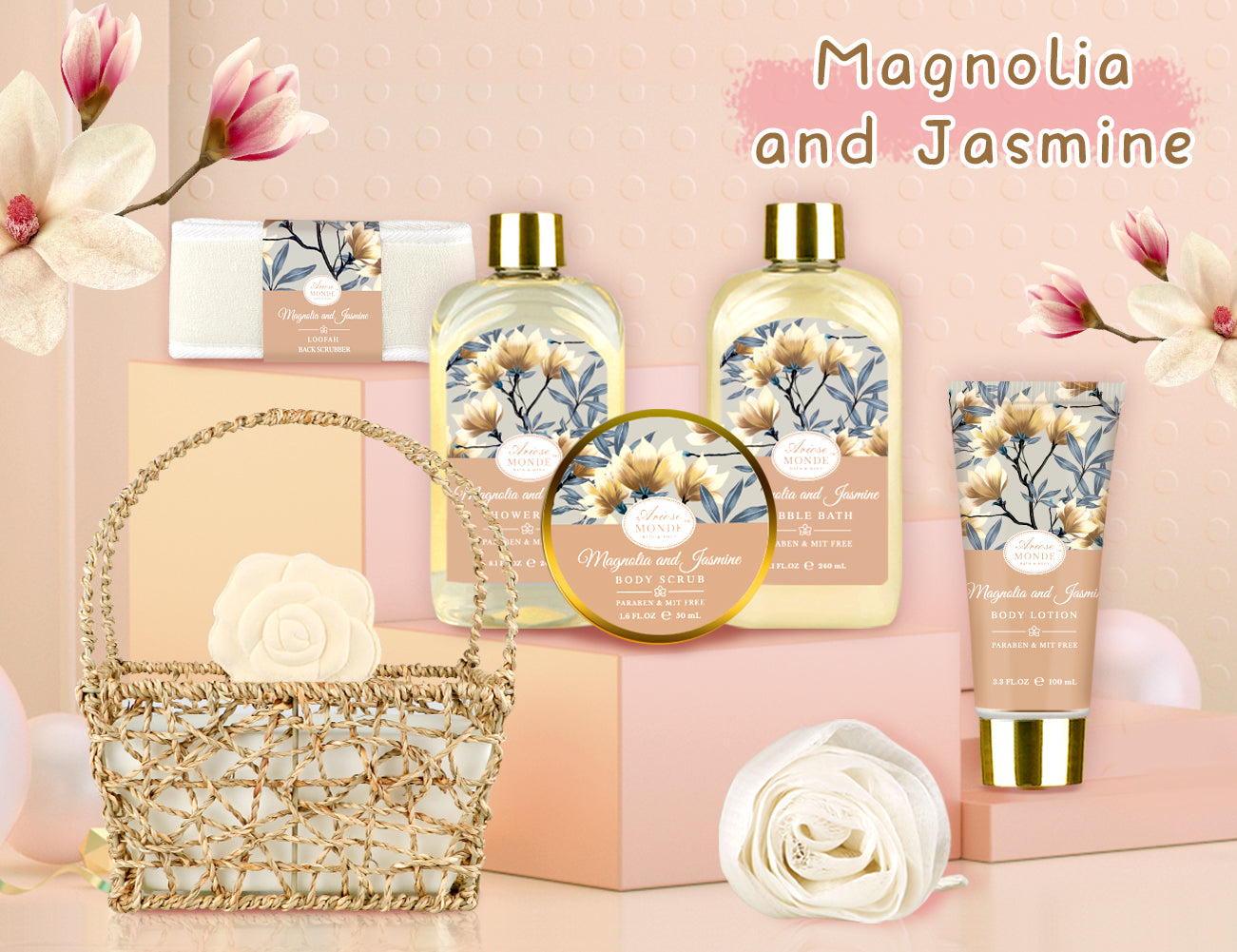 Magnolia and Jasmine Home Spa Gift Basket Set for Women – ArioseMonde