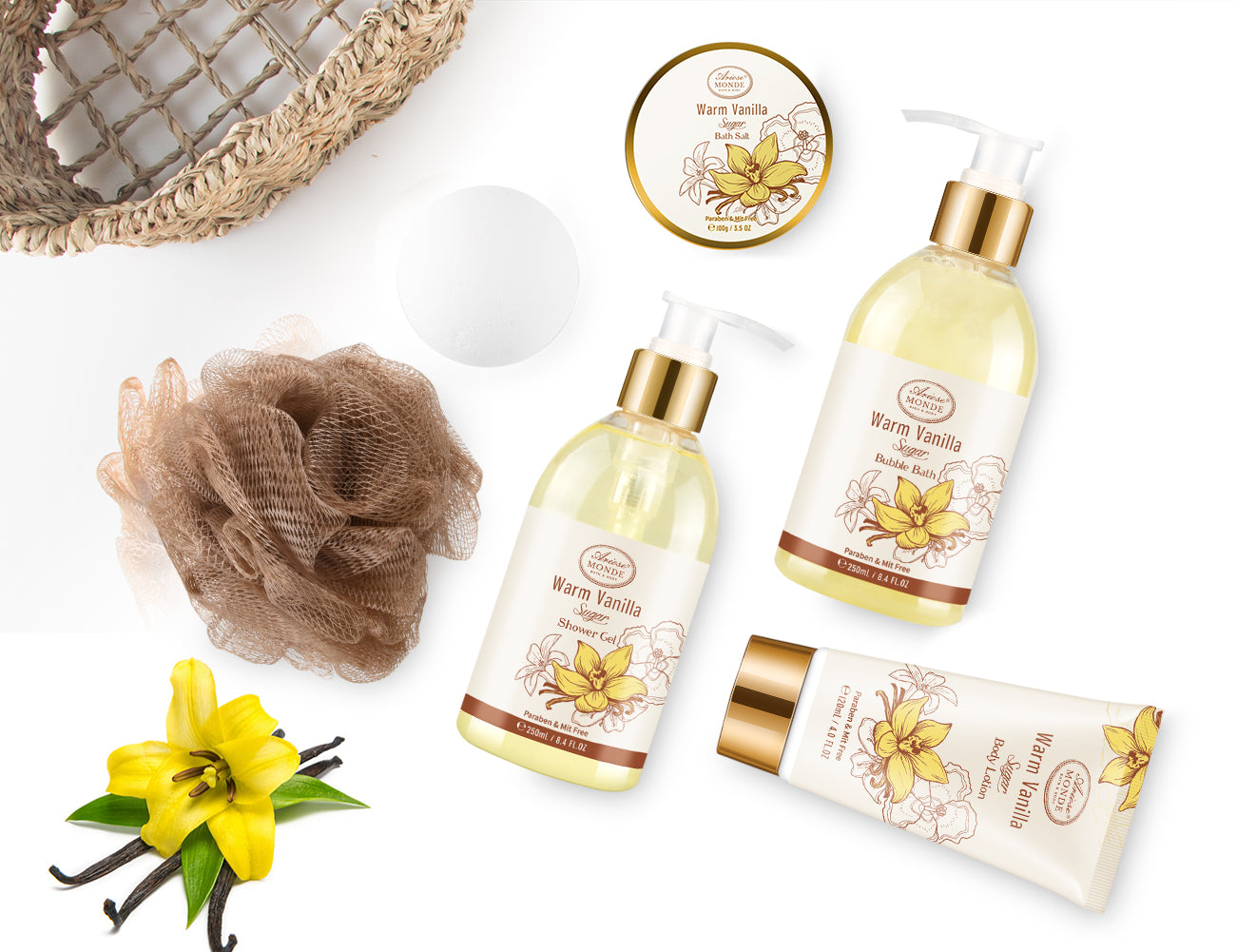 Warm Vanilla Sugar Scent Bath & Shower Spa Basket Gift Set – ArioseMonde